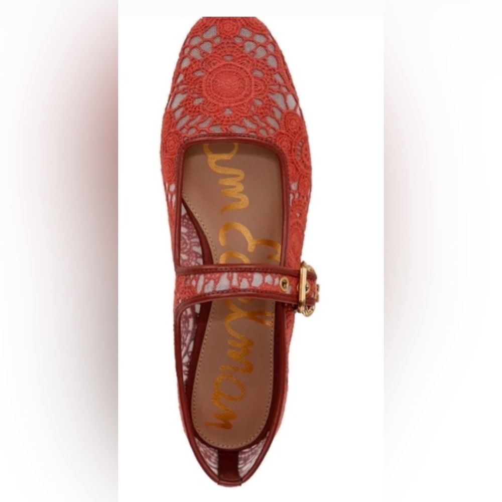 Sam Edelman Michaela Deep Scarlet Mesh lace Fabric Mary Jane Flats size 10 new - Picture 8 of 11